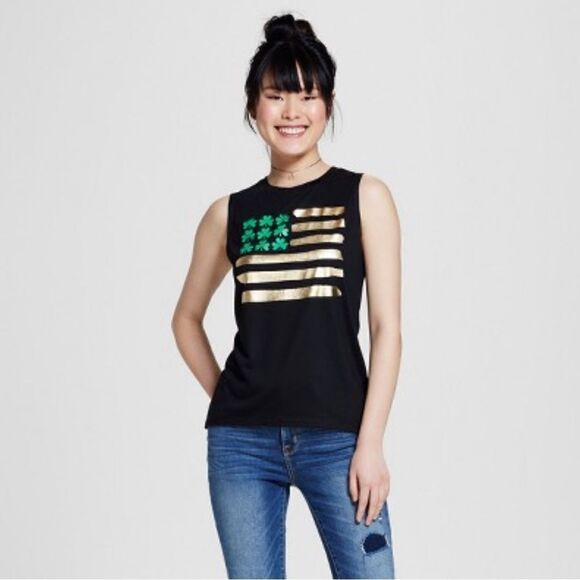 Modern Lux Women’s St. Patricks Day Clover Flag Muscle Tank Black - Picture 1 of 5